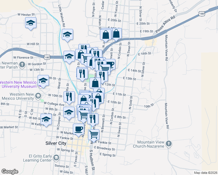 map of restaurants, bars, coffee shops, grocery stores, and more near 1101 North Bennett Street in Silver City