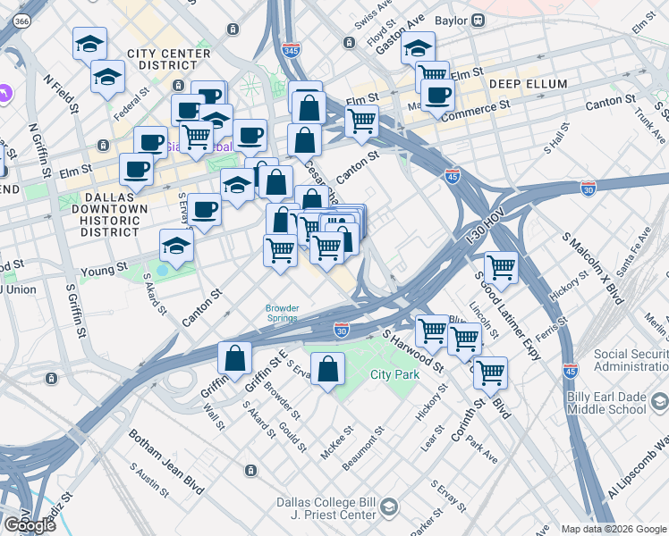 map of restaurants, bars, coffee shops, grocery stores, and more near 1010 South Pearl Expressway in Dallas