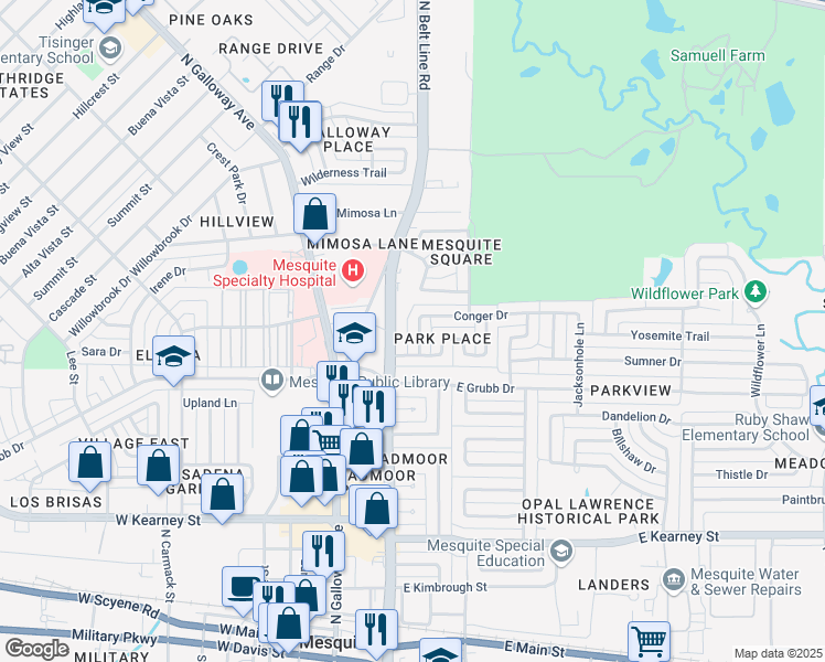 map of restaurants, bars, coffee shops, grocery stores, and more near 225 Conger Drive in Mesquite