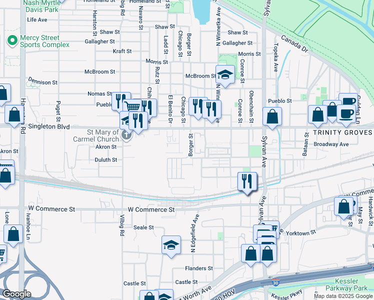map of restaurants, bars, coffee shops, grocery stores, and more near 2851 Borger Street in Dallas