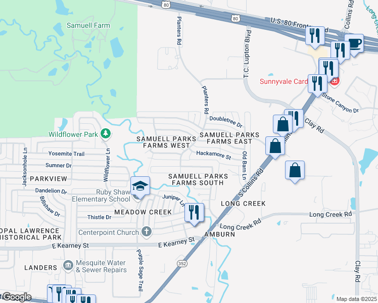 map of restaurants, bars, coffee shops, grocery stores, and more near 1500 Hackamore Street in Mesquite