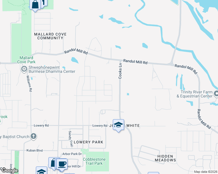 map of restaurants, bars, coffee shops, grocery stores, and more near 210 Cooks Lane in Fort Worth