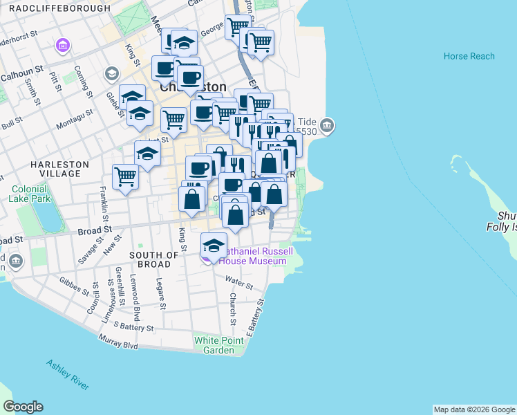 map of restaurants, bars, coffee shops, grocery stores, and more near 18 Broad Street in Charleston