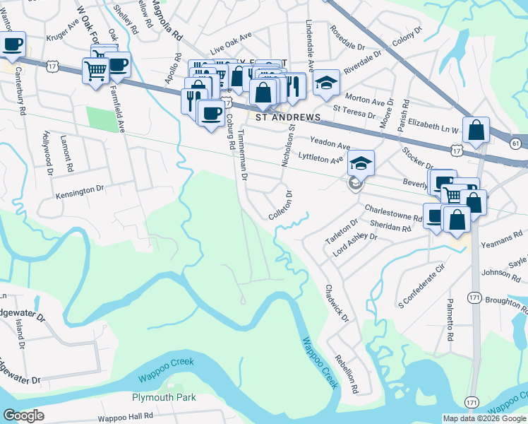map of restaurants, bars, coffee shops, grocery stores, and more near 56 Colleton Drive in Charleston