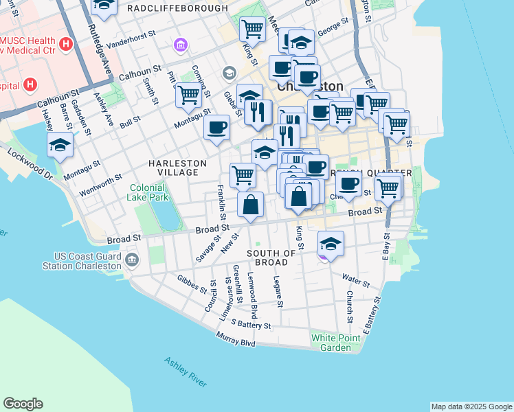 map of restaurants, bars, coffee shops, grocery stores, and more near 134 Broad Street in Charleston