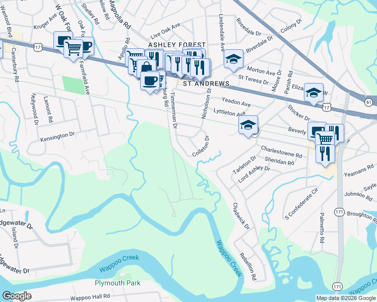 map of restaurants, bars, coffee shops, grocery stores, and more near 56 Colleton Drive in Charleston