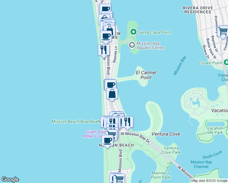 map of restaurants, bars, coffee shops, grocery stores, and more near 3436 Bayside Walk in San Diego