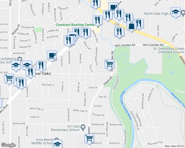 map of restaurants, bars, coffee shops, grocery stores, and more near Ohio Garden Rd & Tyra Ln in Fort Worth