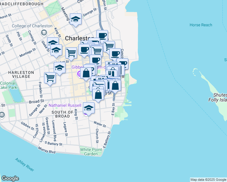 map of restaurants, bars, coffee shops, grocery stores, and more near 122 East Bay Street in Charleston