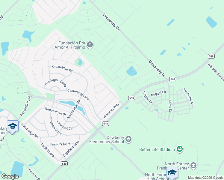 map of restaurants, bars, coffee shops, grocery stores, and more near 1127 Bantham Way in Forney
