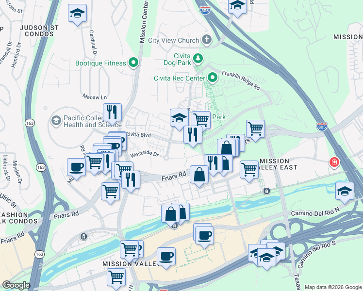 map of restaurants, bars, coffee shops, grocery stores, and more near 2356 Via Alta in San Diego