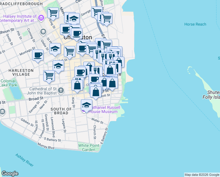 map of restaurants, bars, coffee shops, grocery stores, and more near 16 Broad Street in Charleston