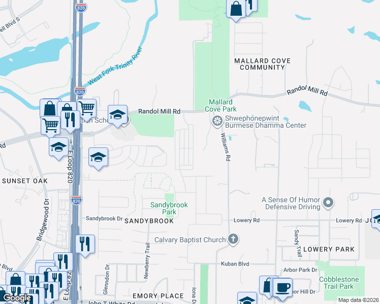 map of restaurants, bars, coffee shops, grocery stores, and more near 7051-7099 Stonegate Drive North in Fort Worth