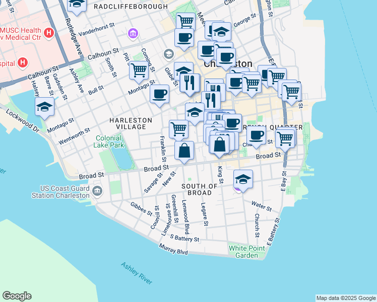 map of restaurants, bars, coffee shops, grocery stores, and more near 134 Broad Street in Charleston