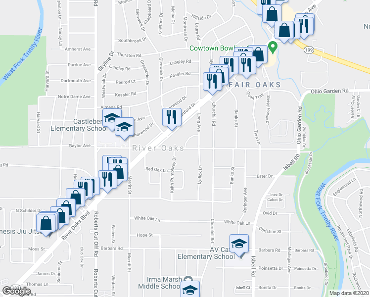 map of restaurants, bars, coffee shops, grocery stores, and more near in River Oaks
