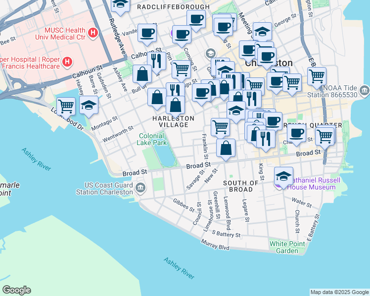 map of restaurants, bars, coffee shops, grocery stores, and more near 175 Queen Street in Charleston