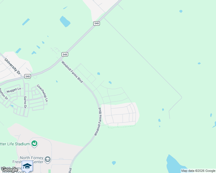map of restaurants, bars, coffee shops, grocery stores, and more near WindMill Farms Boulevard in Forney