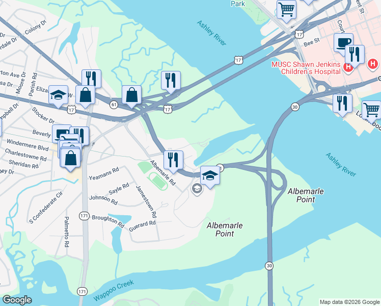 map of restaurants, bars, coffee shops, grocery stores, and more near 24 Transom Court in Charleston