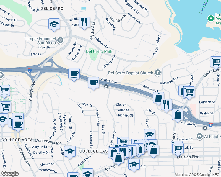 map of restaurants, bars, coffee shops, grocery stores, and more near Alvarado Rd & Reservoir Dr in San Diego