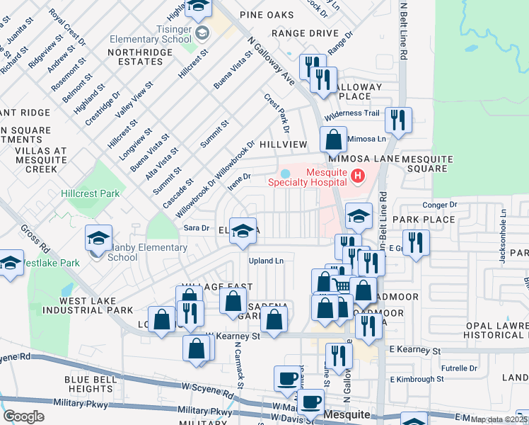 map of restaurants, bars, coffee shops, grocery stores, and more near 604 Highland Village Drive in Mesquite