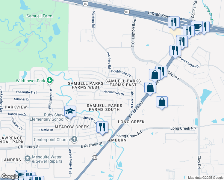 map of restaurants, bars, coffee shops, grocery stores, and more near 1609 Hackamore Street in Mesquite