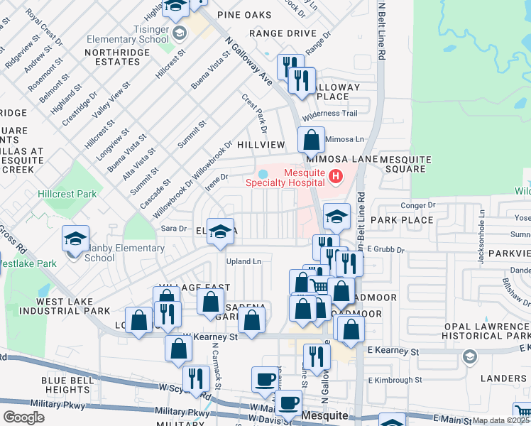 map of restaurants, bars, coffee shops, grocery stores, and more near 464 Highland Village Drive in Mesquite
