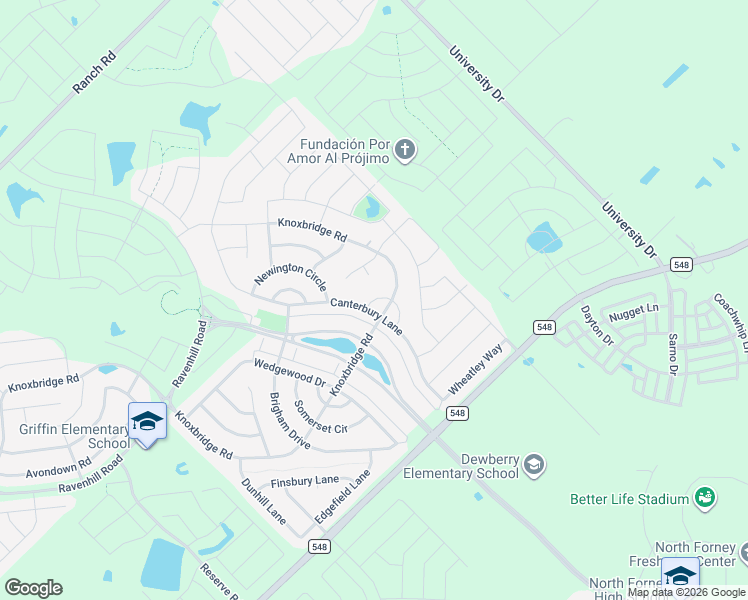 map of restaurants, bars, coffee shops, grocery stores, and more near 1001 Canterbury Lane in Forney