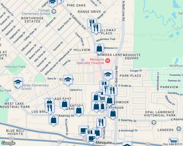 map of restaurants, bars, coffee shops, grocery stores, and more near 400 Highland Village Drive in Mesquite