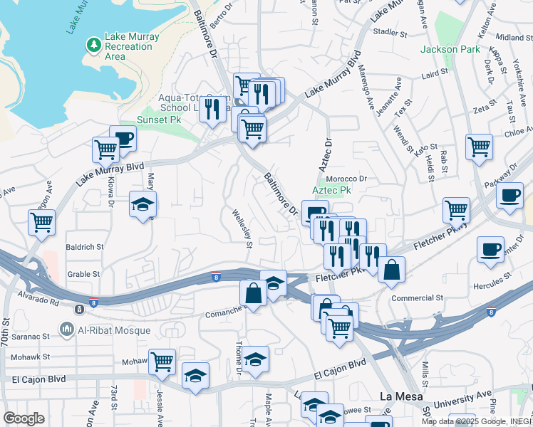 map of restaurants, bars, coffee shops, grocery stores, and more near 5430 Baltimore Drive in La Mesa