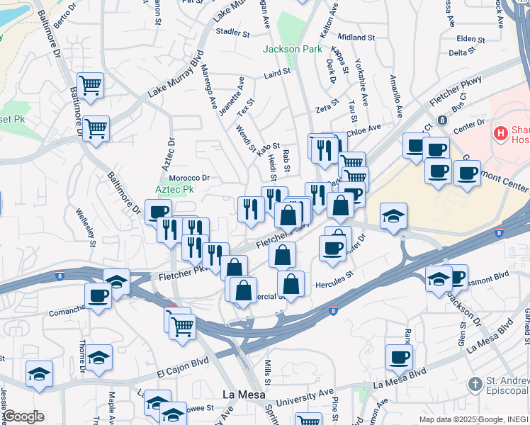 map of restaurants, bars, coffee shops, grocery stores, and more near 5365 Marengo Avenue in La Mesa