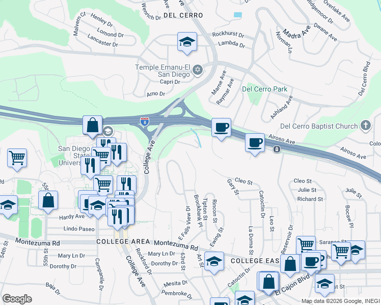 map of restaurants, bars, coffee shops, grocery stores, and more near 5416 Brockbank Place in San Diego