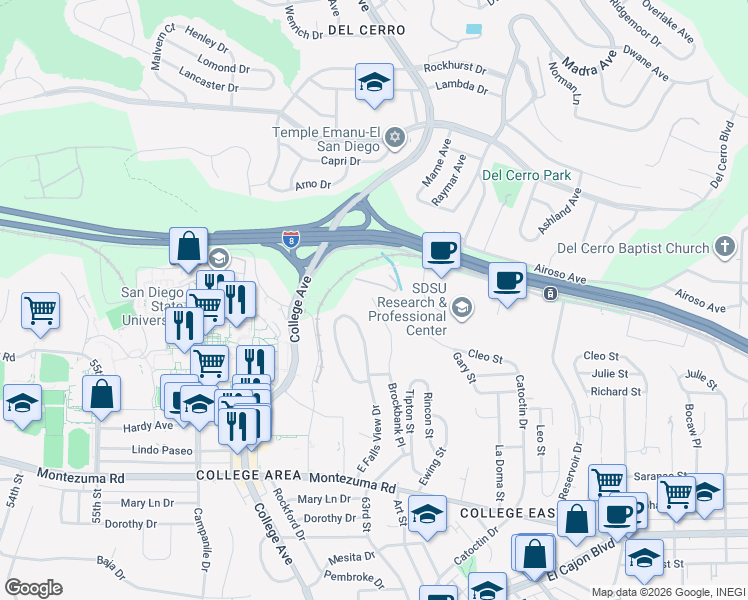 map of restaurants, bars, coffee shops, grocery stores, and more near 5416 Brockbank Place in San Diego
