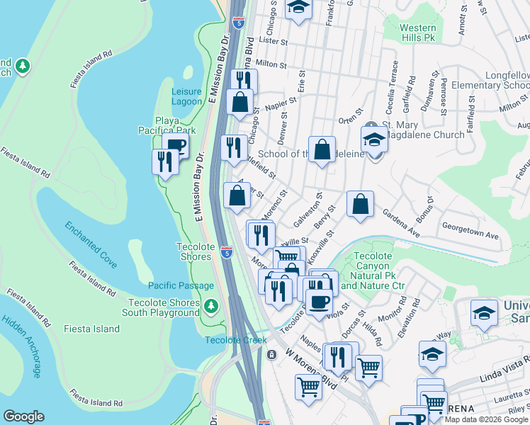 map of restaurants, bars, coffee shops, grocery stores, and more near 1403 Morenci Street in San Diego