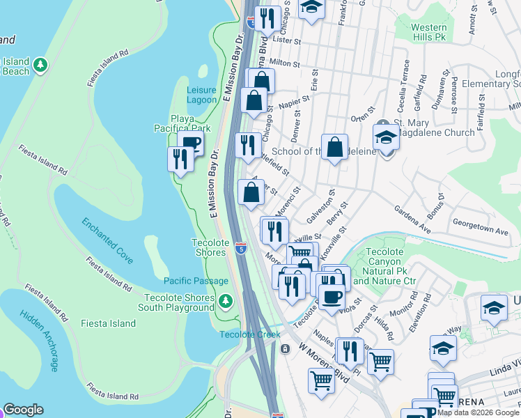 map of restaurants, bars, coffee shops, grocery stores, and more near 1675 Morena Boulevard in San Diego