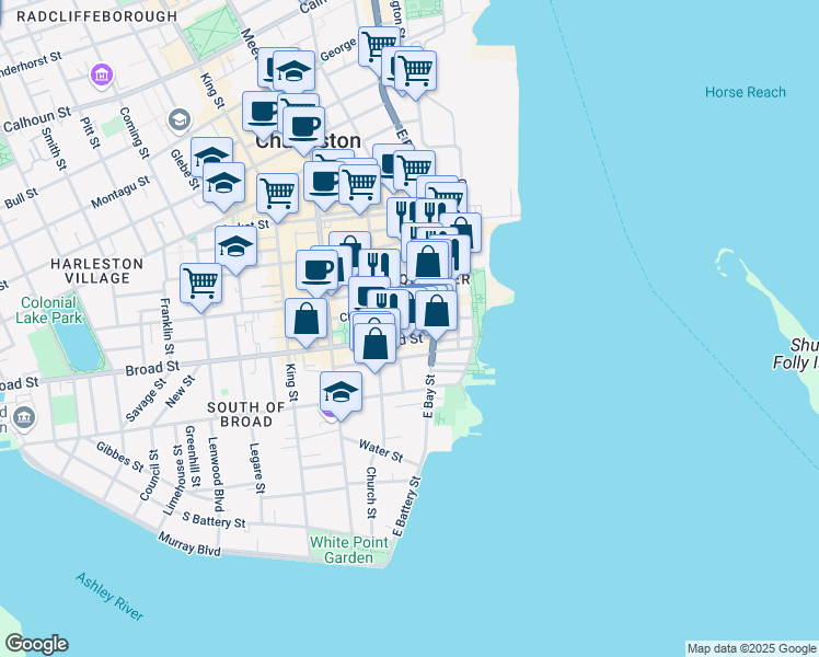 map of restaurants, bars, coffee shops, grocery stores, and more near in Charleston