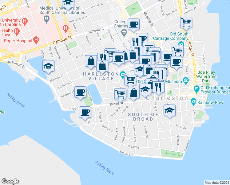map of restaurants, bars, coffee shops, grocery stores, and more near in Charleston