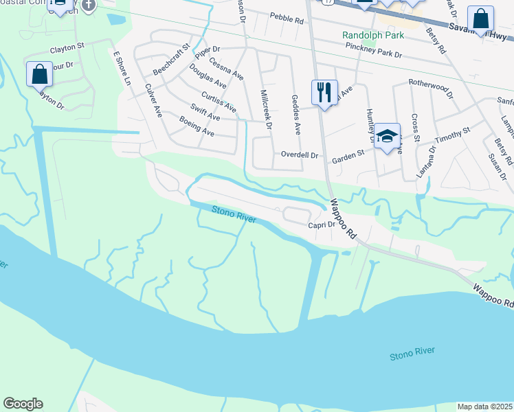 map of restaurants, bars, coffee shops, grocery stores, and more near 1883 Capri Drive in Charleston