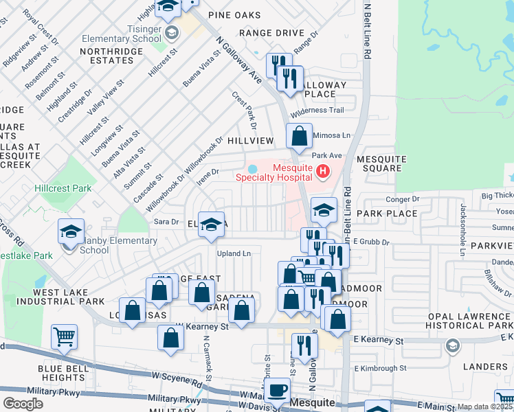 map of restaurants, bars, coffee shops, grocery stores, and more near 109 Highland Village Drive in Mesquite