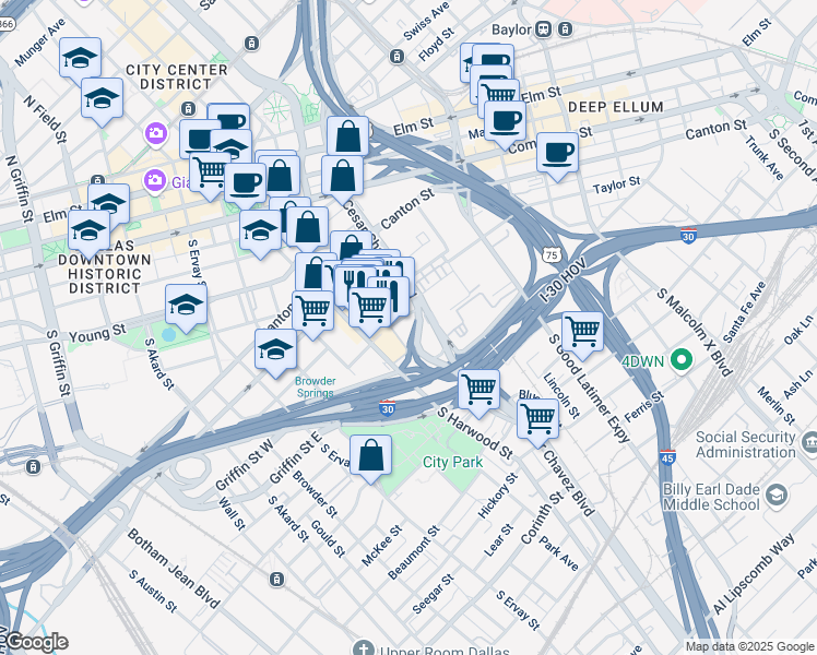 map of restaurants, bars, coffee shops, grocery stores, and more near 1101 South Pearl Expressway in Dallas