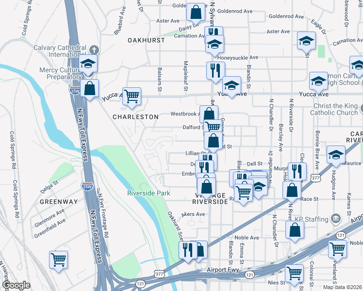 map of restaurants, bars, coffee shops, grocery stores, and more near 2411 Lillian Street in Fort Worth