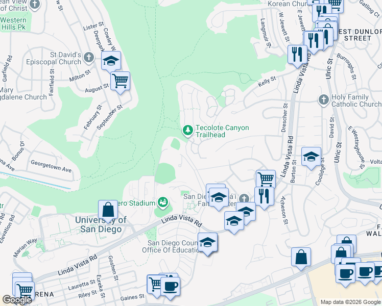 map of restaurants, bars, coffee shops, grocery stores, and more near 6327 Caminito Del Cervato in San Diego
