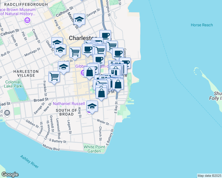 map of restaurants, bars, coffee shops, grocery stores, and more near 122 East Bay Street in Charleston