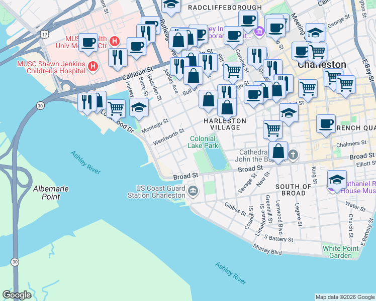 map of restaurants, bars, coffee shops, grocery stores, and more near 2 Canal Street in Charleston