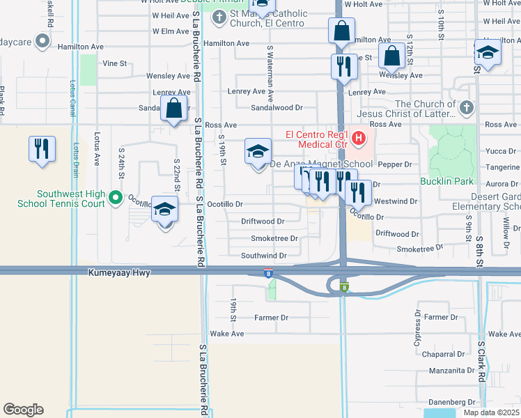 map of restaurants, bars, coffee shops, grocery stores, and more near 1766 Driftwood Drive in El Centro