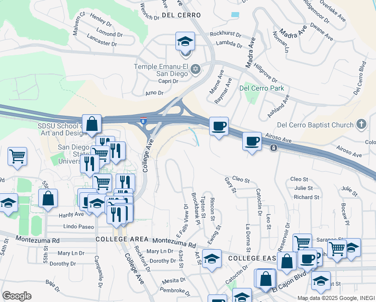map of restaurants, bars, coffee shops, grocery stores, and more near 5416 Brockbank Place in San Diego