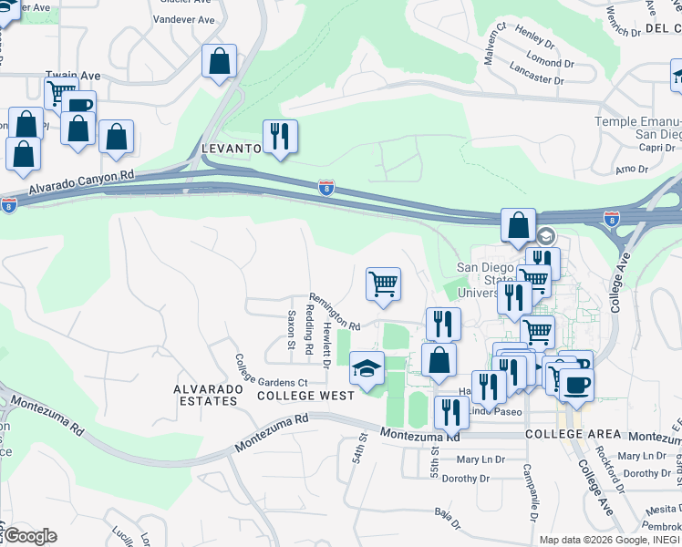 map of restaurants, bars, coffee shops, grocery stores, and more near 5410 Hewlett Drive in San Diego