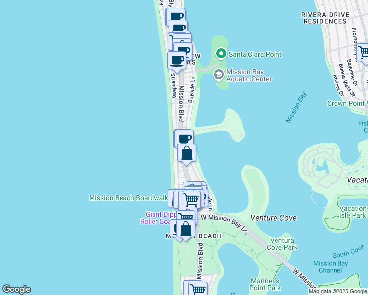 map of restaurants, bars, coffee shops, grocery stores, and more near 3411 Mission Boulevard in San Diego