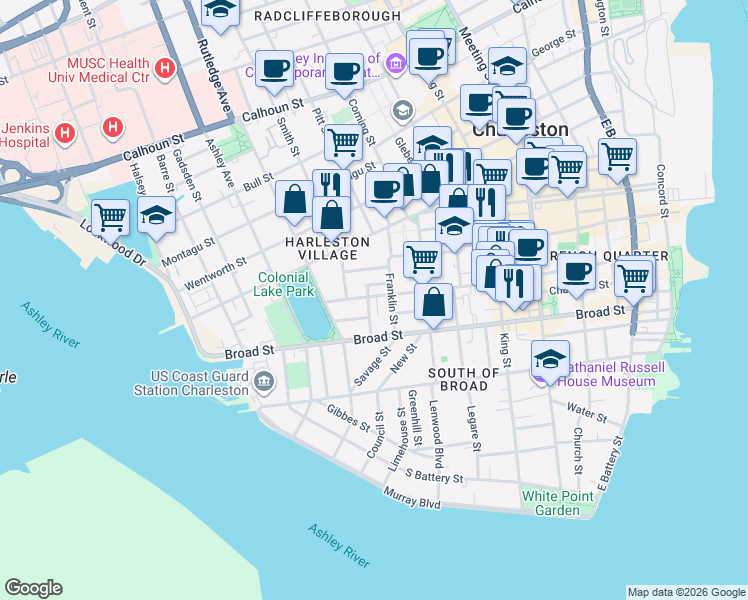 map of restaurants, bars, coffee shops, grocery stores, and more near 165 Queen Street in Charleston