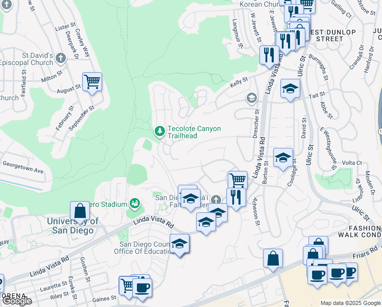 map of restaurants, bars, coffee shops, grocery stores, and more near 6423 Goodwin Street in San Diego