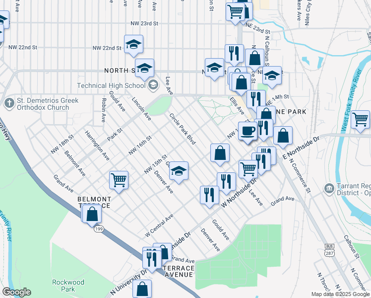 map of restaurants, bars, coffee shops, grocery stores, and more near 1513 Lincoln Avenue in Fort Worth